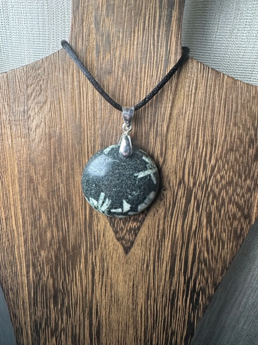 Round Chinese Writing Stone Pendant Necklace on Black Rope, Sterling Silver